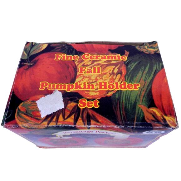 Vintage Hermitage Pottery Ceramic Fall Halloween Pumpkin Candle Holders New Box - Picture 2 of 7
